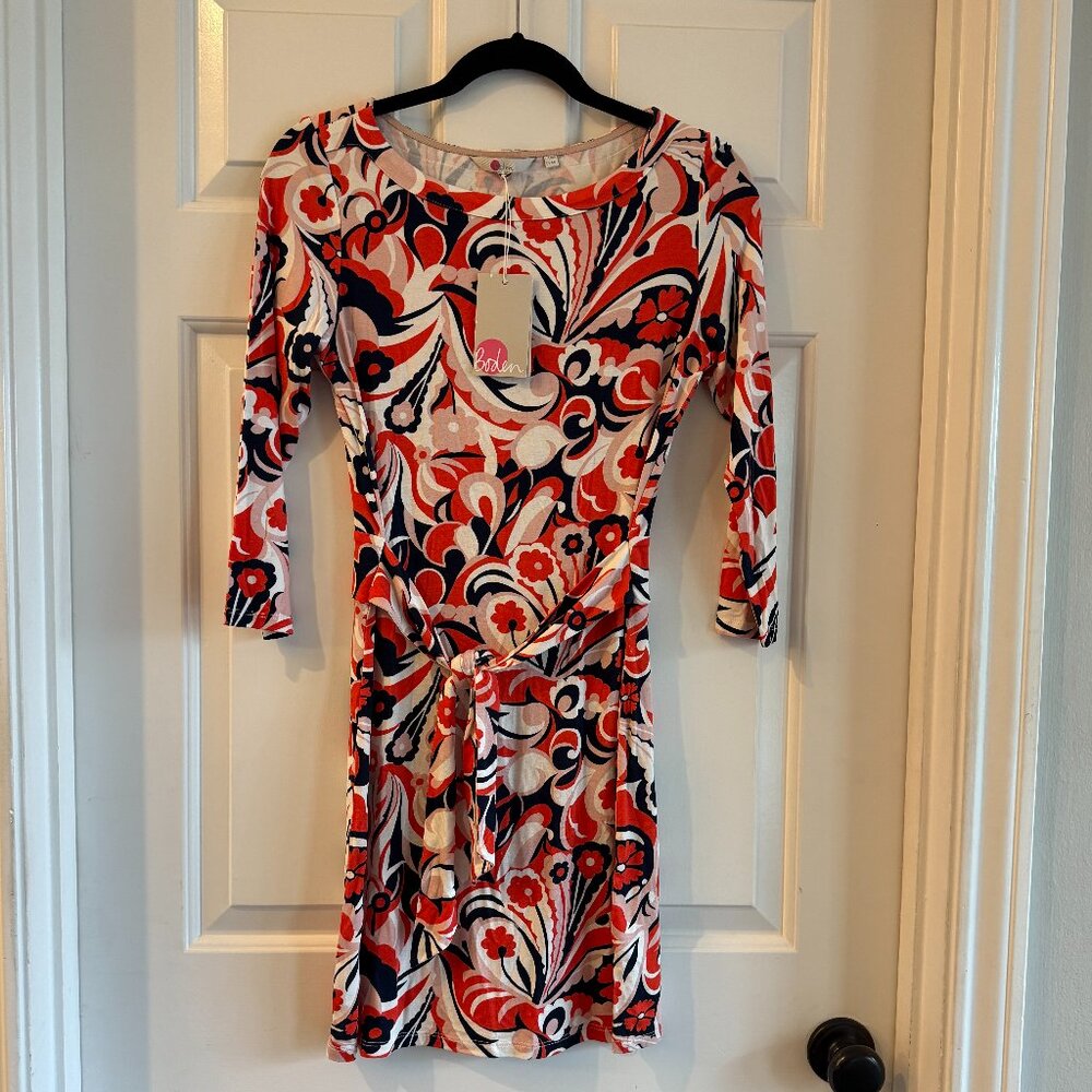 NWT Boden Sylvia‎ Tie Jersey Tunic Dress Floral Paisley Orange Sunset W size 6